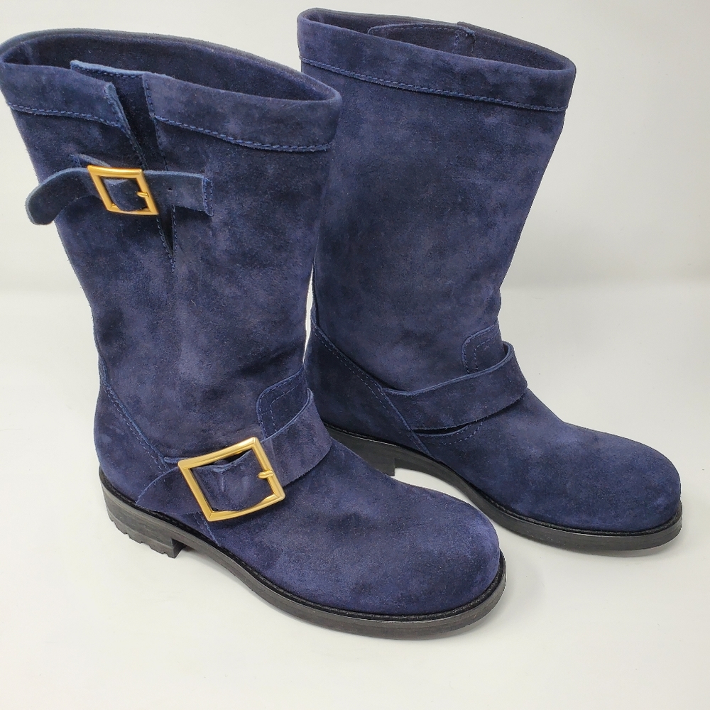 Jimmy Choo Navy Suede Moto Boots - Picture 5 of 9